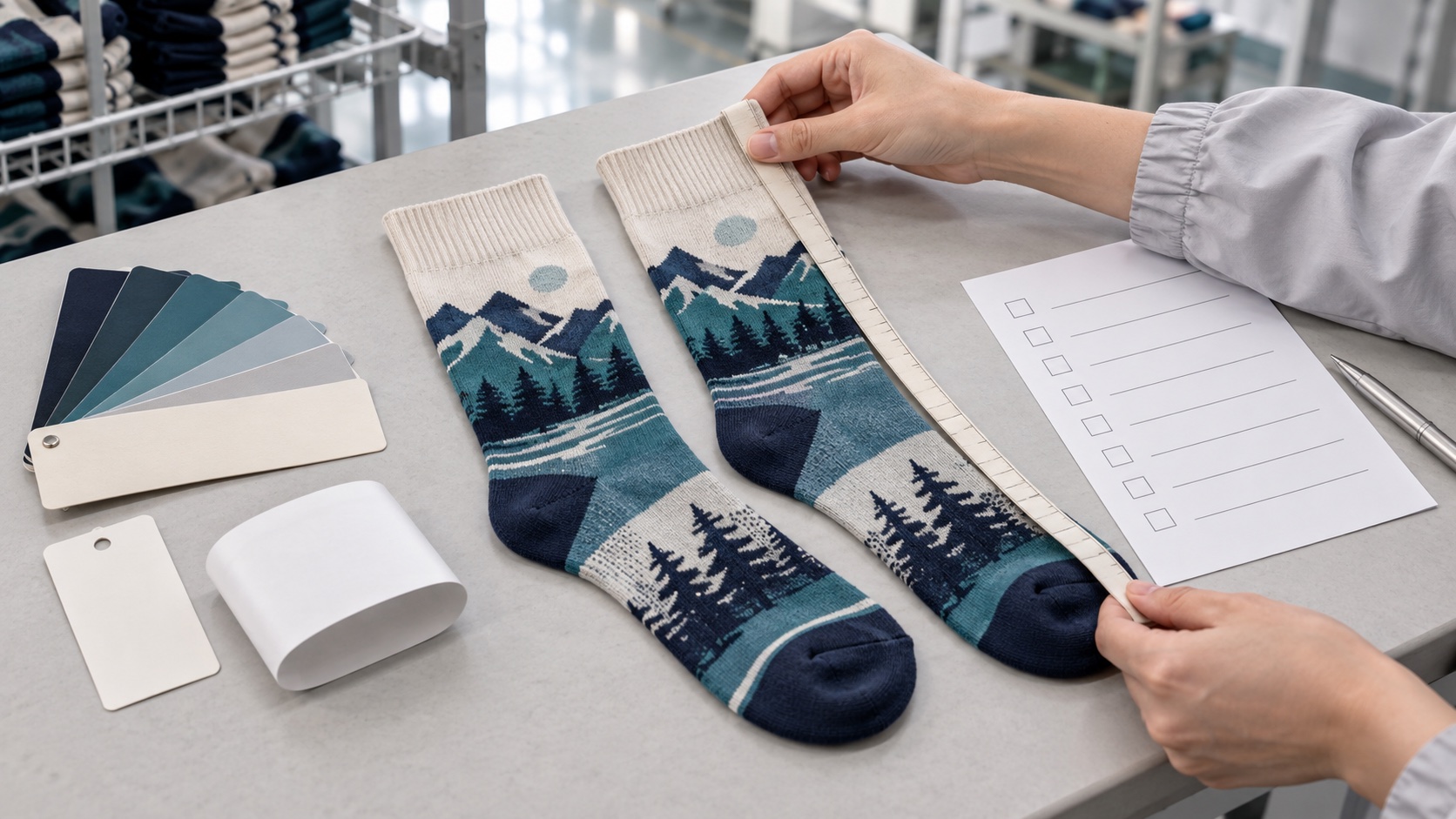 Custom sock sample, labels and packaging reviewed before bulk production