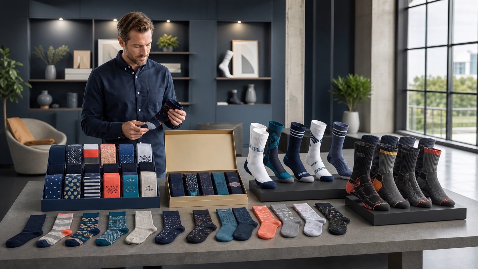 A buyer reviewing sport, dress, outdoor and everyday custom sock collections